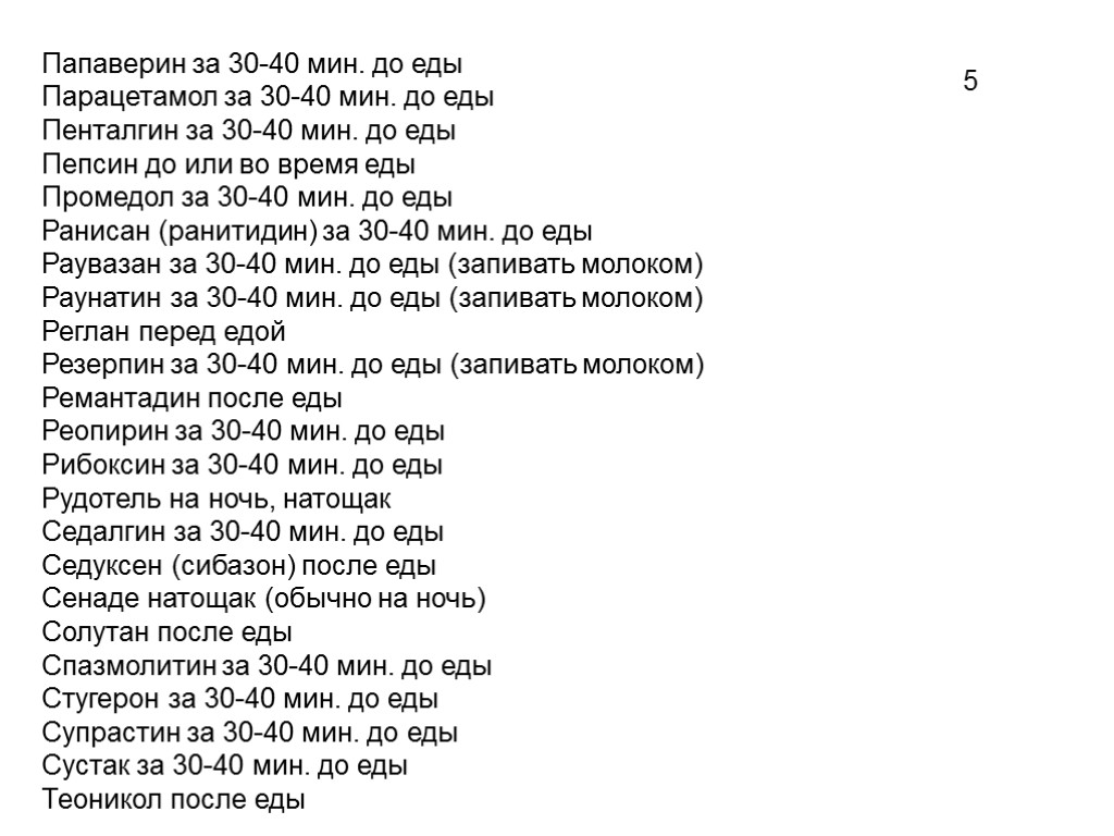 Папаверин за 30-40 мин. до еды Парацетамол за 30-40 мин. до еды Пенталгин за